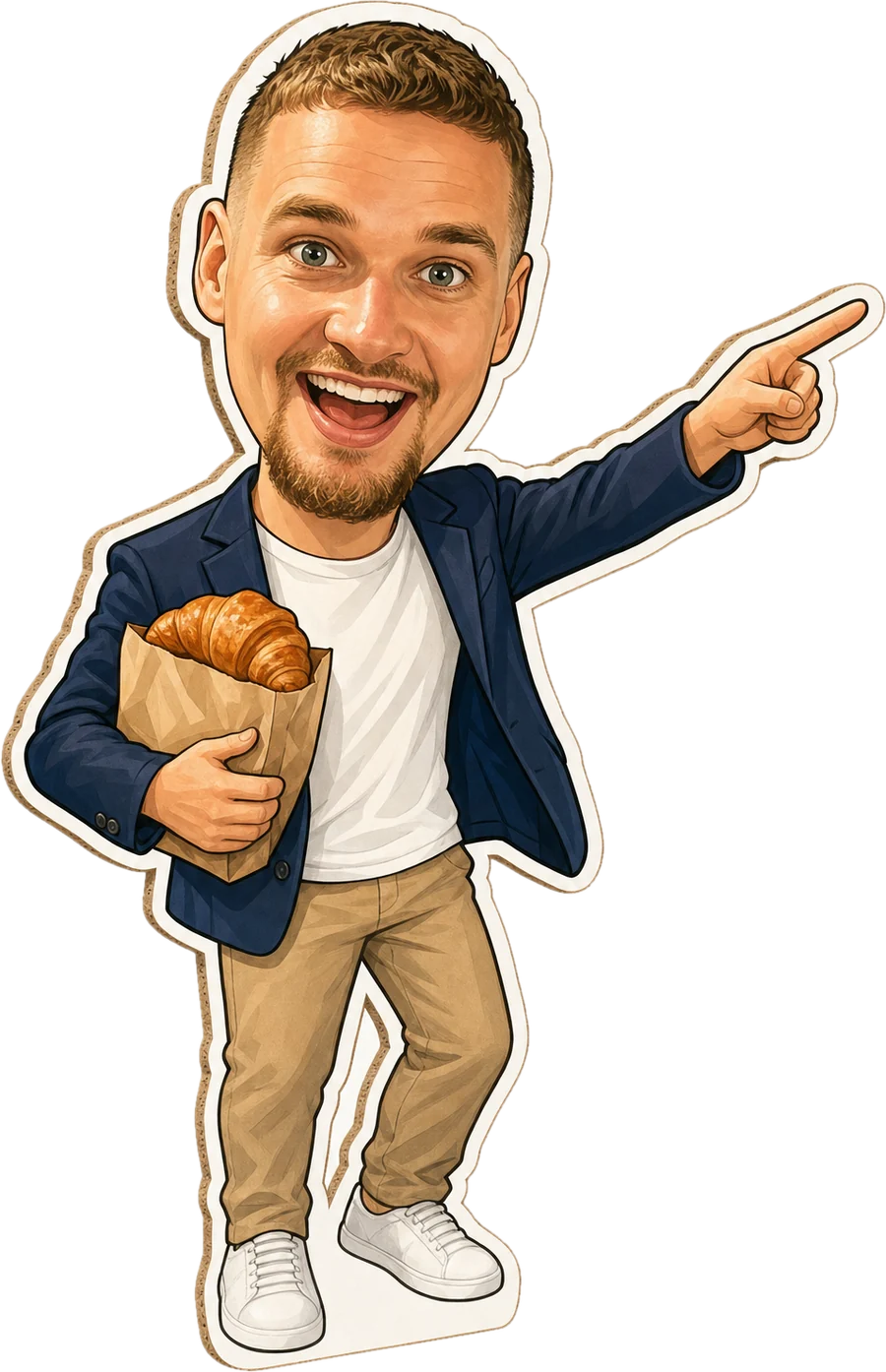 Cardboard cut-out caricature of Samuel Leeds pointing, holding a bag of croissants
